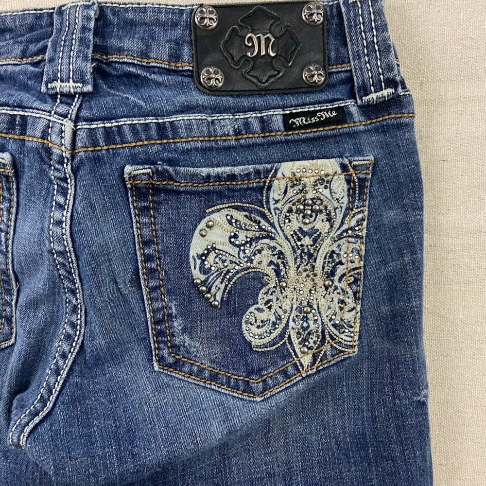 Miss Me Bootcut Jeans Womens 28 Blue Fleur De Lis Rhinestone Embellished JP5005L